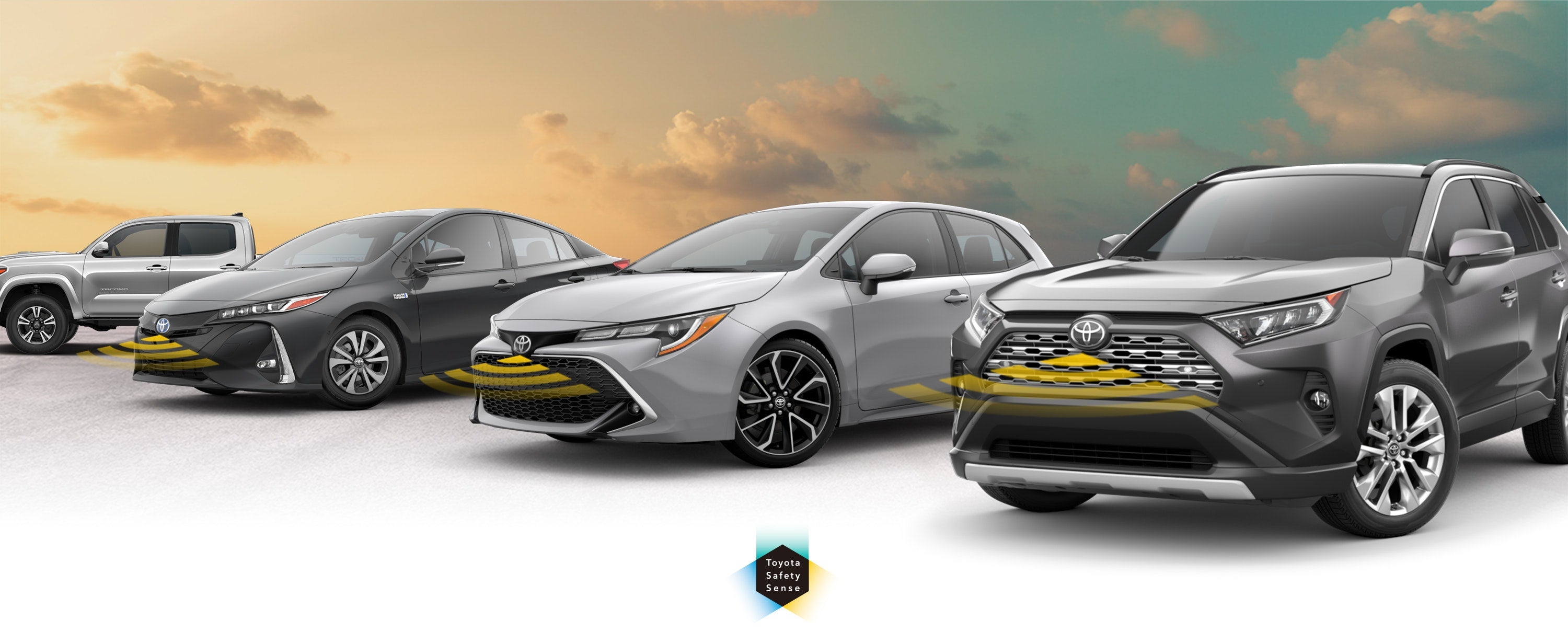 Toyota Safety Sense: Designed for Safety. Options shown on Toyota models including RAV4, Tacoma, and Camry, available now at Dan Hecht Toyota in Effingham IL.